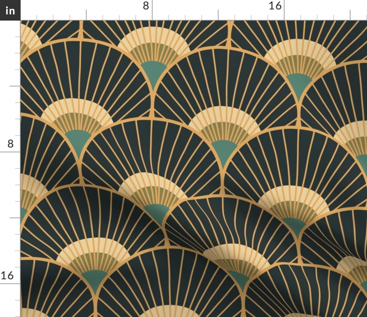 1920s Deco Fans Vintage Gold Teal Scallop Glamorous Luxurious Egyptian Geometric Custom Printed Fabric by Spoonflower Various Fabrics by the Yard or Fat Quarter